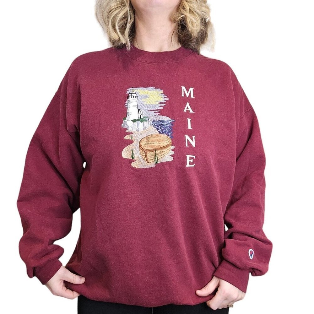 Vintage 90s Maine Large Embroidered Crewneck Sweatshirt Maroon Lighthouse Beach